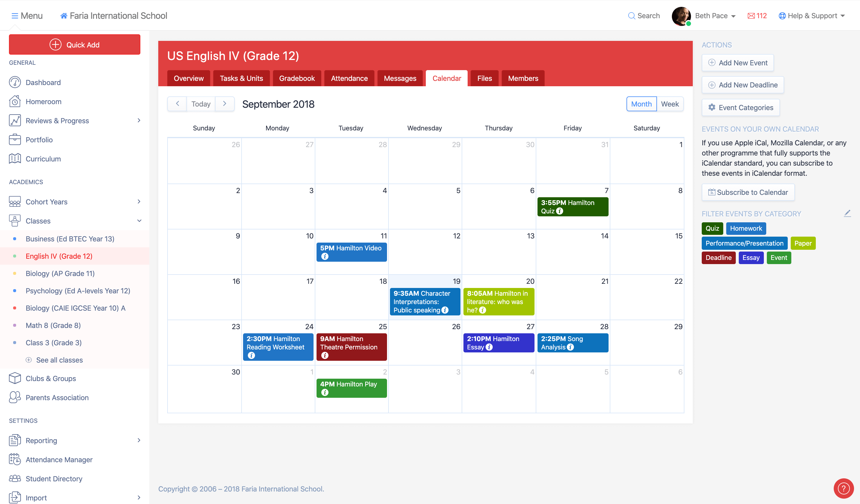 Features 47 Class Calendar